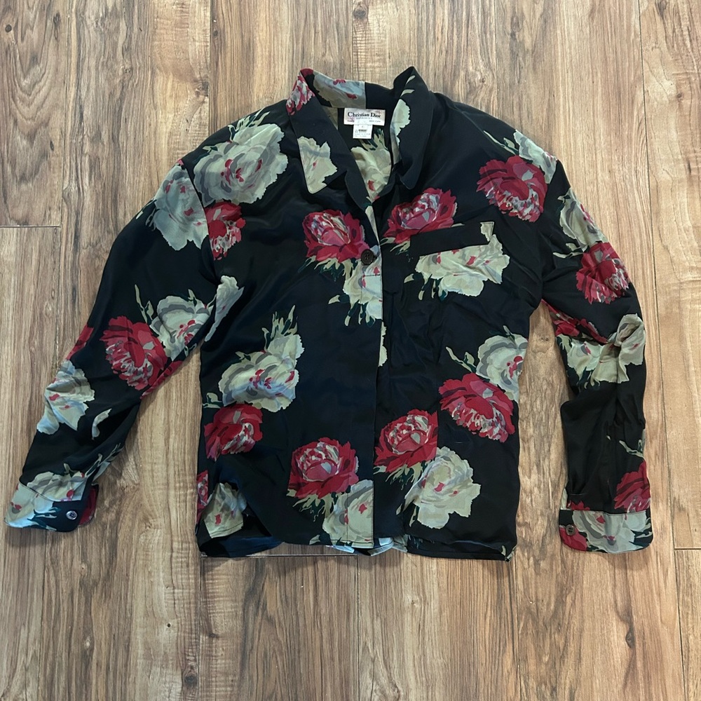 Vintage Christian Dior Noir Floral Silk Blouse